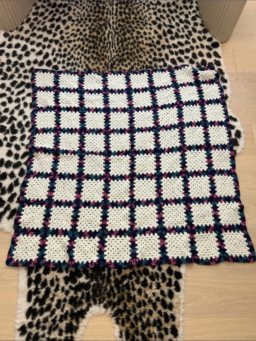 Handmade White Crochet Granny Square Blanket with Navy, Teal & Magenta Accents